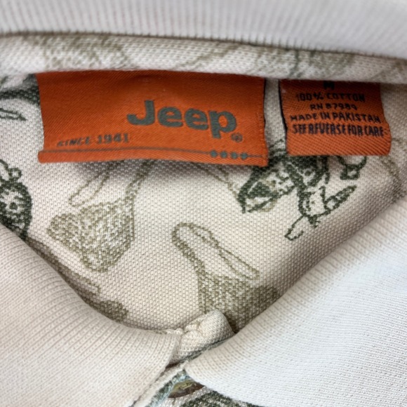 Vintage Jeep Polo Shirt Mens Medium Outdoor‎ Fishing Cars Print Short Sleeve - Picture 1 of 8